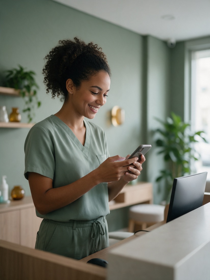 Recepcionista de clínica sorrindo enquanto lê uma mensagem no celular